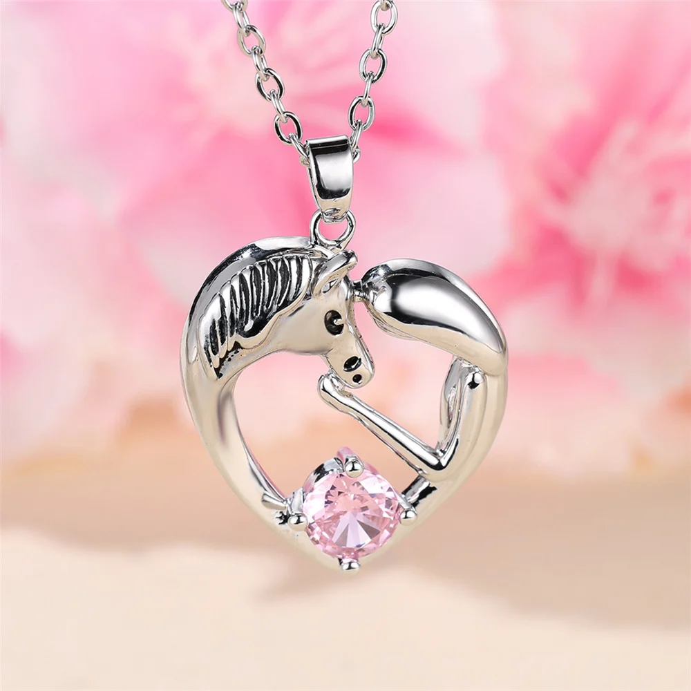 Female Crystal Pink Zircon Stone Love Heart Pendant Necklace Vintage Silver Color Wedding Jewelry For Women