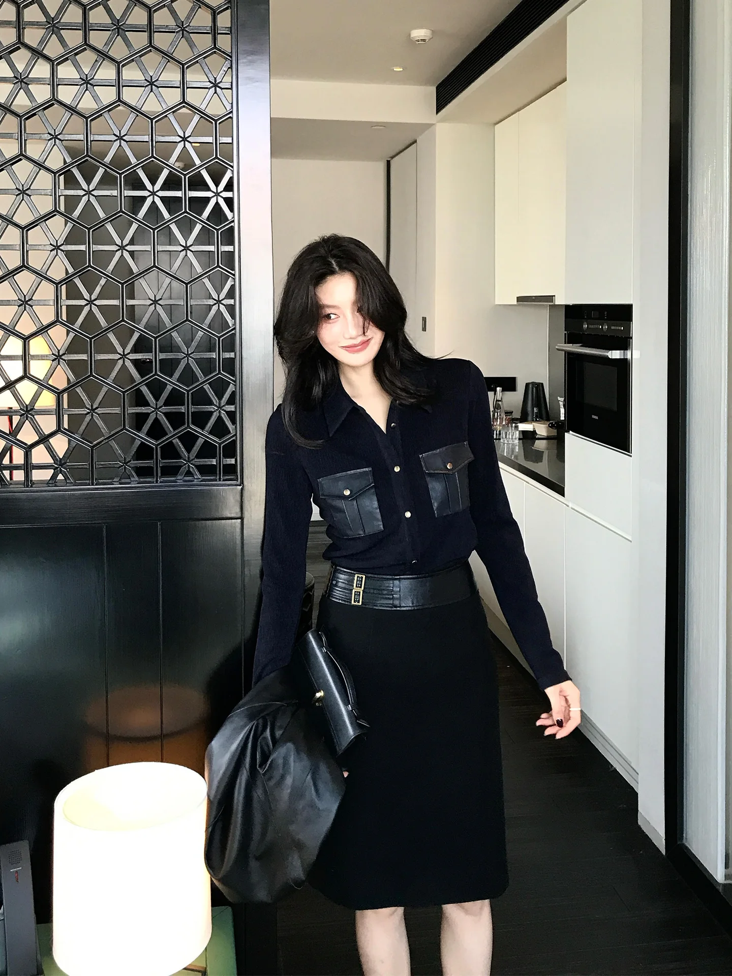 

Dragon Joy Versatile Retro Sle Leather ket irt Women's Waist Cinching Slimming Long Sve Top K440 Ele Faionable