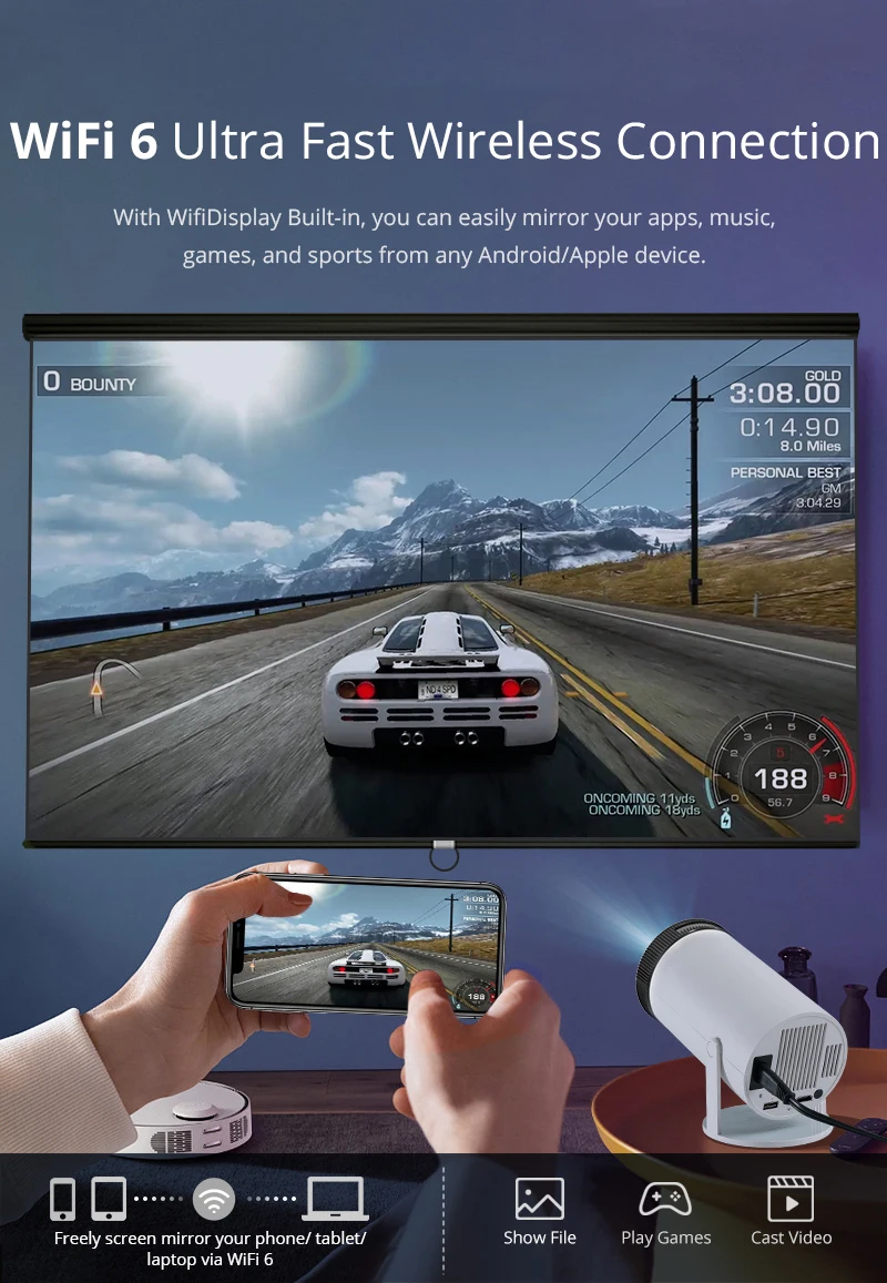 Portable 4K Home Cinema Projector HY300 Android OS 300 ANSI Lumens Dual-Band WiFi 6 Bluetooth 5.0  1080P Phone Screen Mirroring