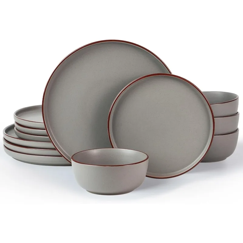 Mercury Plates and Bowls Sets, 12 Pieces Stoneware Dinnerware Sets, Dishes Set for 4, Microwave and Dishwasher Safe