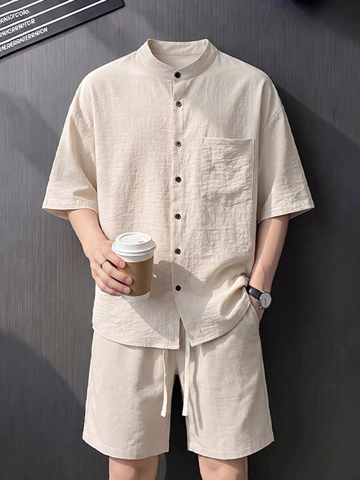 Lightweight Breathable Linen Short Sleeve Shirt Men's Summer Loose Fit  Color Five-Quarter Sleeve Stand Collar Button up