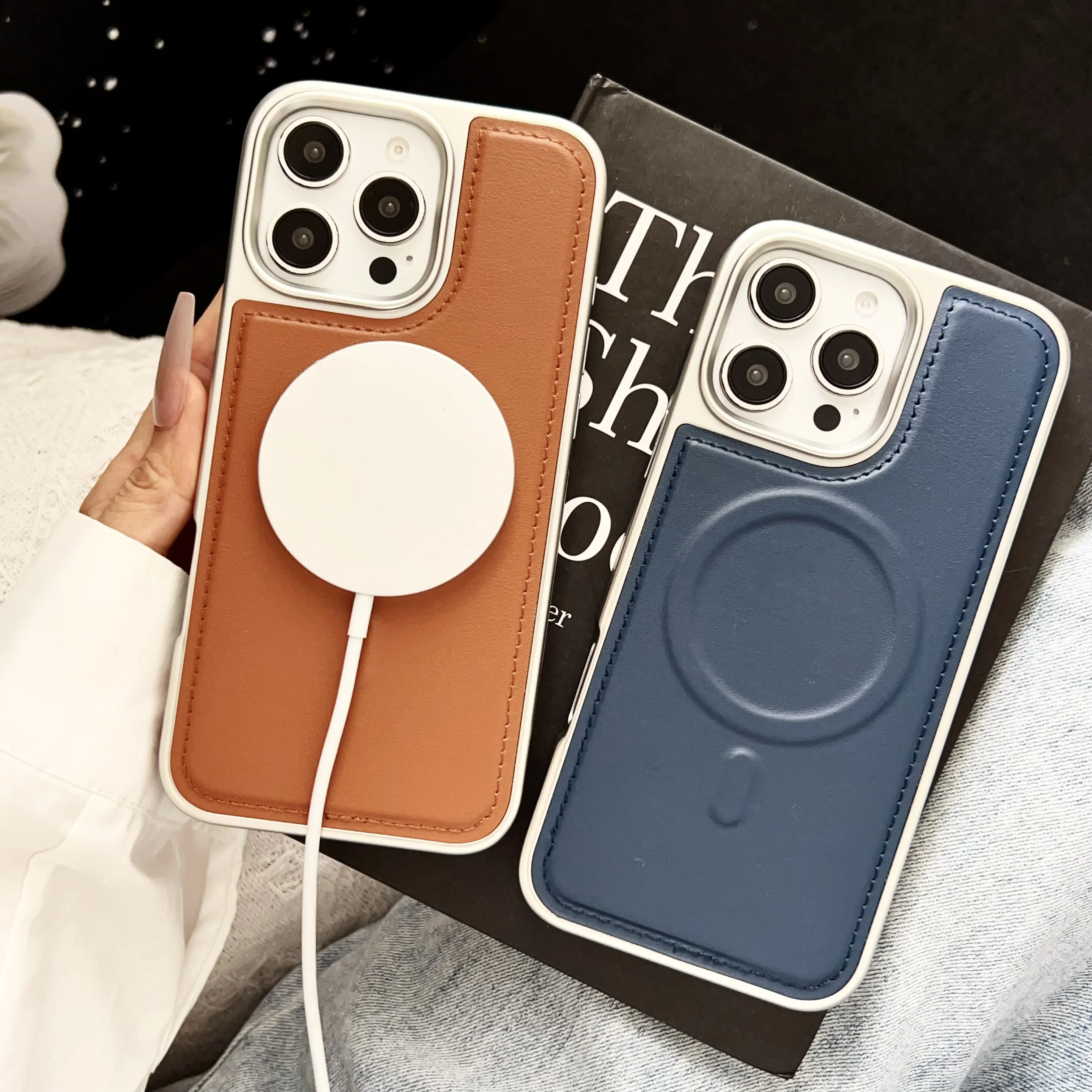 

New Simple Solid Color PU Leather Phone Case For iPhone 13 14 15 16 Pro Max Plus Magnetic Magsafe Shockproof Protective Cover