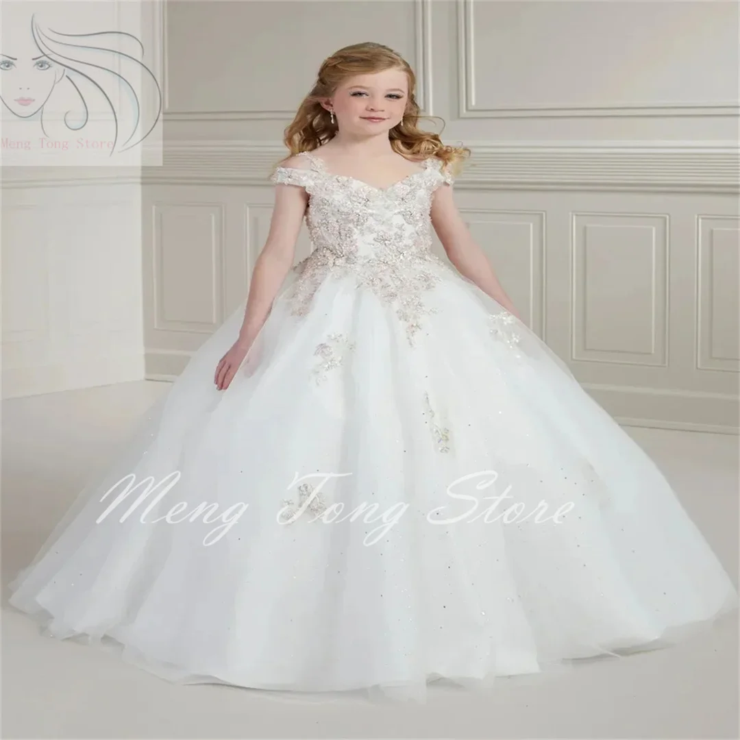 White Applique New Flower Girl Dress For Wedding Sequins Puffy Shining Elegant thin shoulder straps Used for Birthday Party