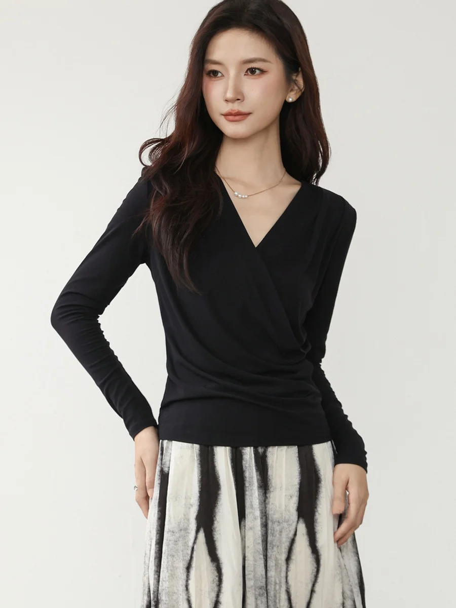 

DianThia Silk Long Sve V-Ne Cross Base Layer Top Women's Casual Sle Pure Color Autumn New Arrival Faionable Slim Fit