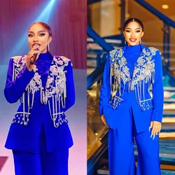 Blue Appliques Women Pants Suits 2 Pieces Custom Made Crystal Beads Mother Of Bride Blazer Jacket Guest Wear Loose Pants