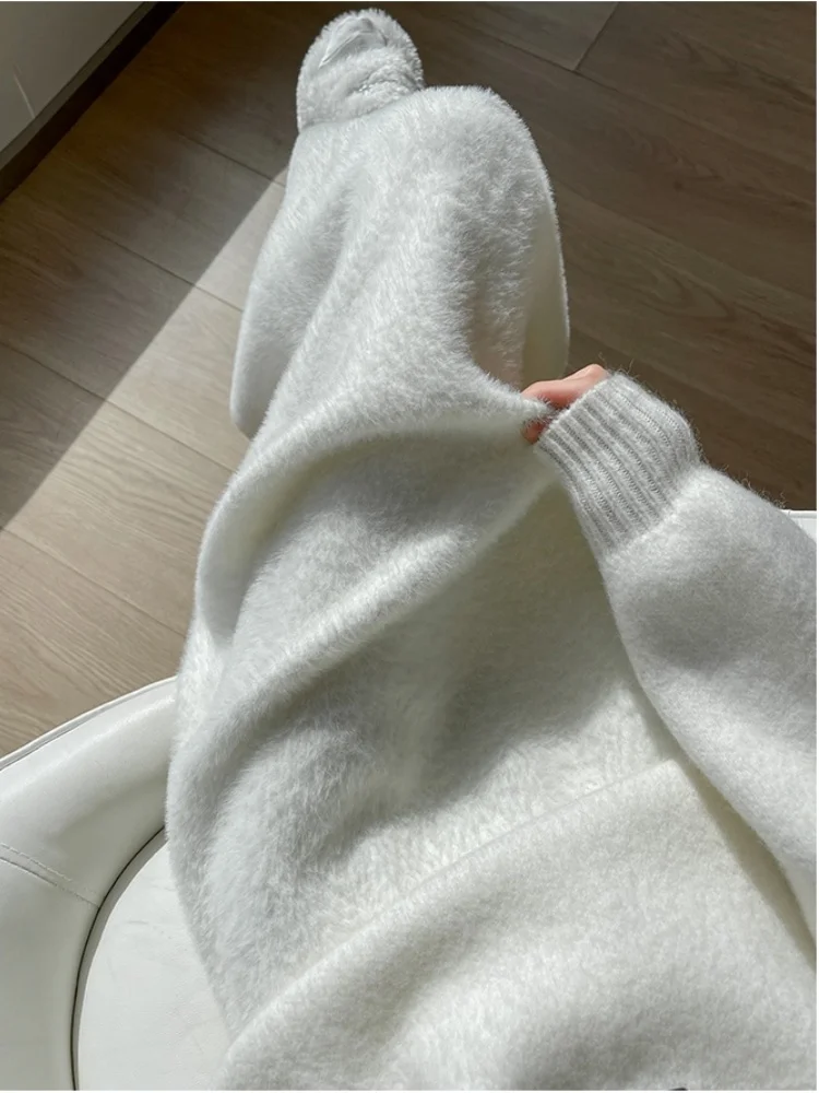 SMTHMA Mink Fur Autumn Winter Women's Knitted Long Skirt White Elegant High Waisted Slim Soft Solid Color Fashionable Skirt