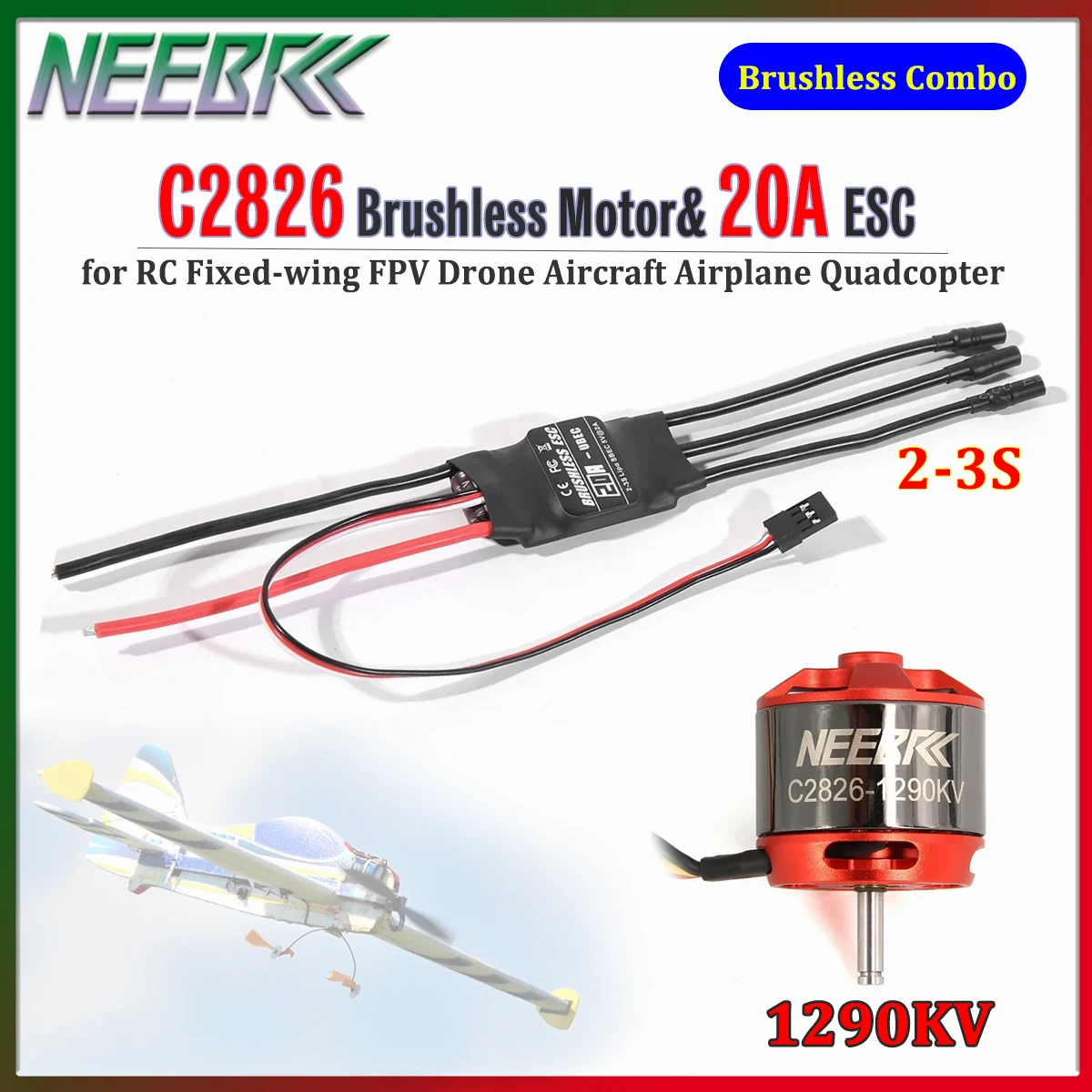 NEEBRC C2826 1290KV Outrunner Brushless Motor mit 20A ESC 2-3S für RC Flugzeuge, FPV Drohnen und Quadcopter Teile