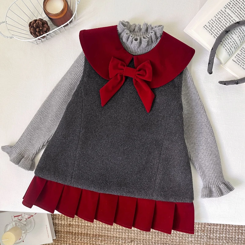 Girls' Suit 2024 Winter New Korean Girls' Bow Lapel Woolen Sundress + Bottom Sweater Two-piece Set  Girls Clothes