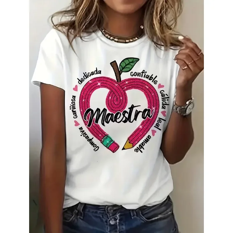 Letter Teacher Graphic T-Shirt Women’s Casual Crew Neck Short Sleeve Top Heart-Shaped Pencil Apple Print Soft Daily Wear