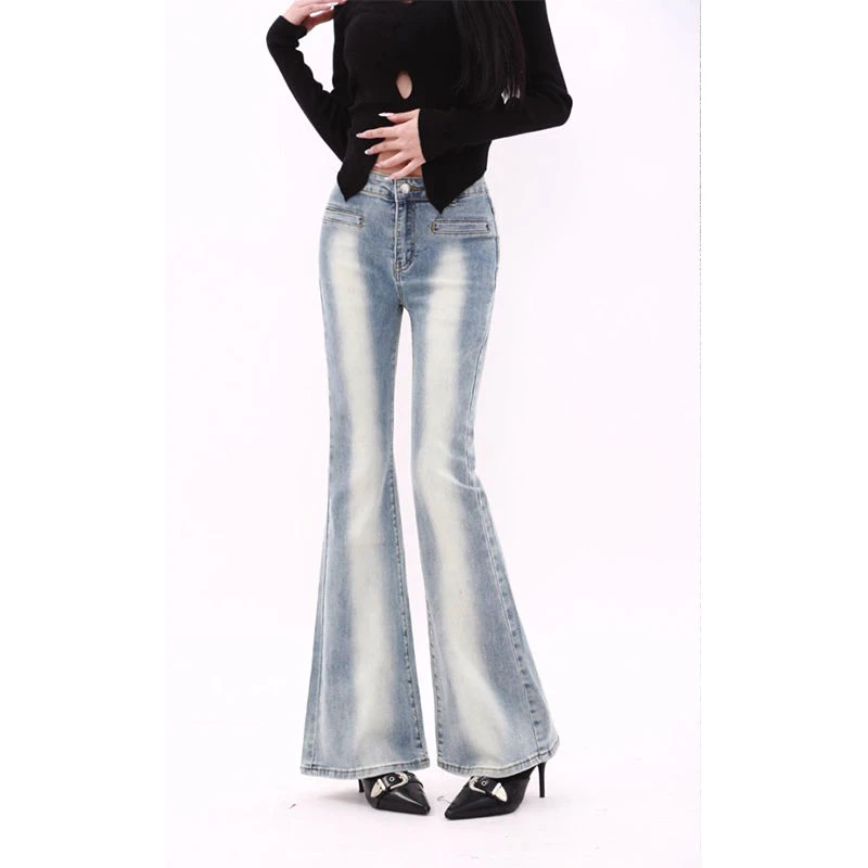 

Женские потертые синие джинсы с микро-расклешенными узкими джинсами, крутая уличная одежда с высокой талией для девочек, широкие брюки, женские джинсовые брюки