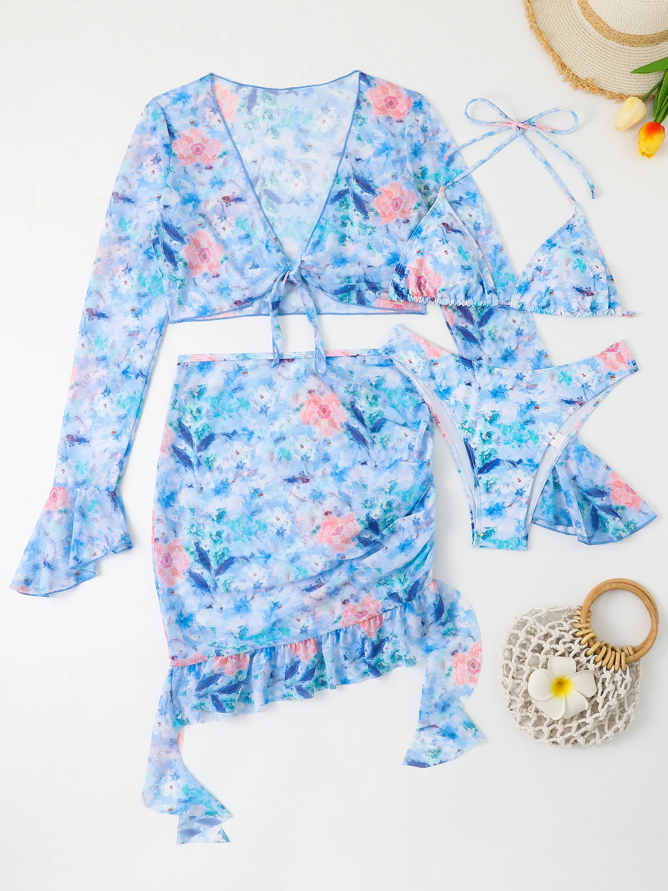 4-teiliges Bikini-Set für Damen, orangefarbener Blumendruck, lange Ärmel, Netzstoff, vertuscht, Rüschenrock, Badeanzug, 2022, sexy Badeanzug, Bademode