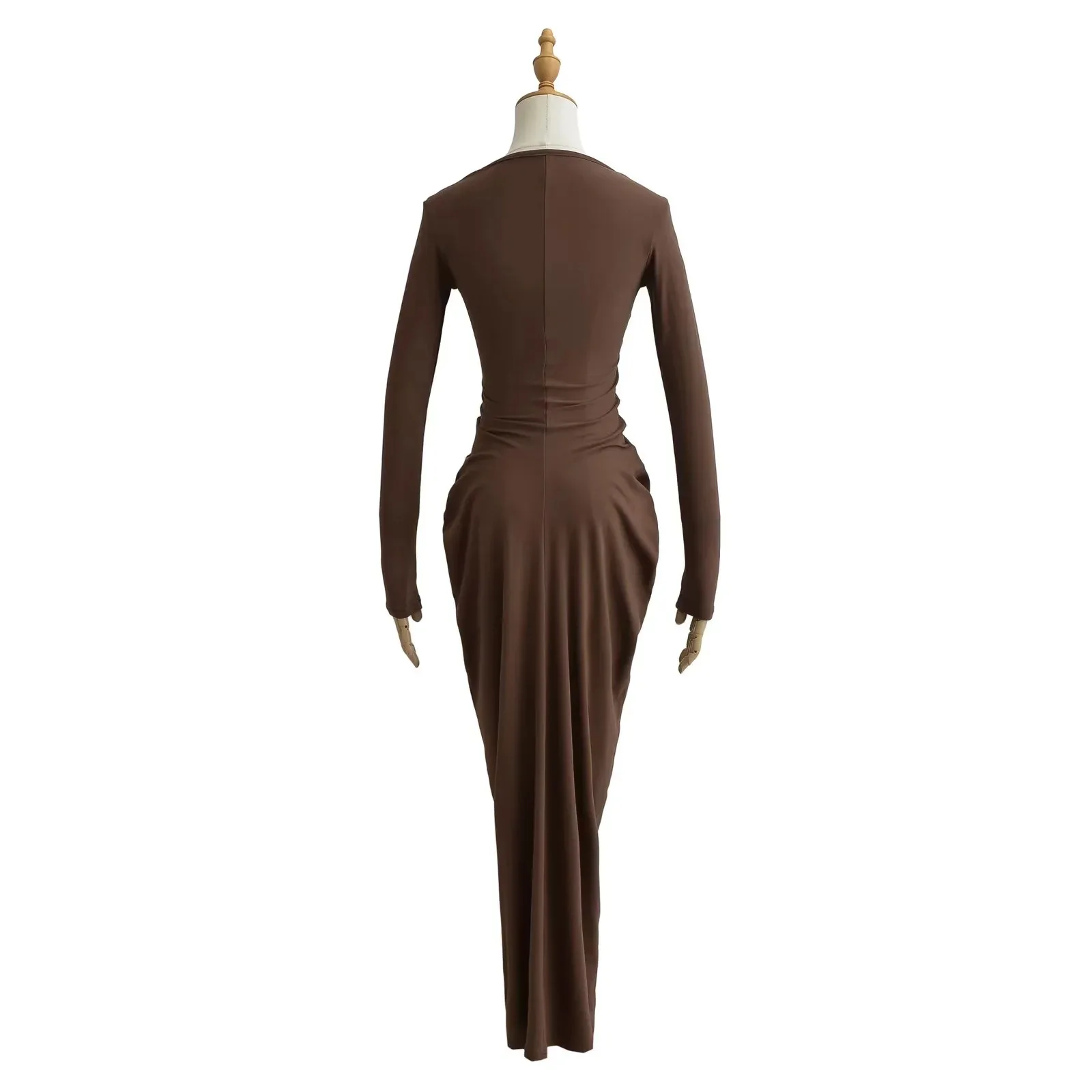 Sexy V-Kraag Gebreide Katoenen Maxi Lange Jurk Vrouwen Volledige Mouw Stretch Slanke Taille Ruches Pakket Bodycon Robe Vestido