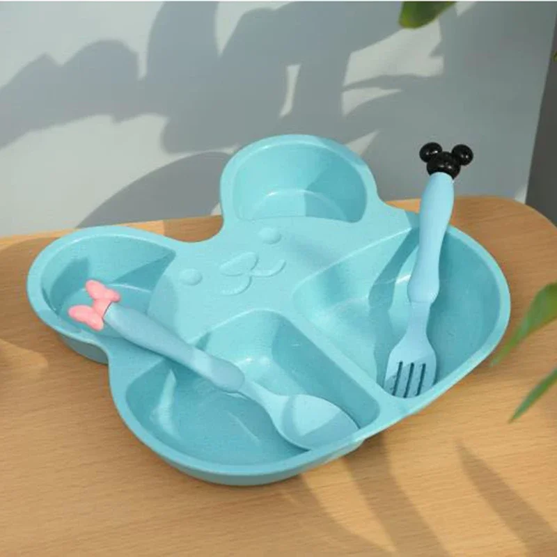 Wheat Straw Plates Baby Training Bowl Plate+spoon+fork Cute Bear Food Tableware Set Kids Dishes OPP Packaging for Baby Feeding