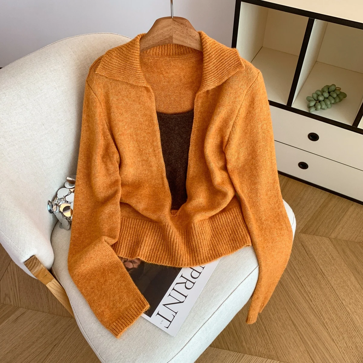 Women's Yellow Pullover Korean Sweater Vintage 2000s Y2k Jumper Knitwear Long Sleeves V-Neck Korean Style Sweater Spring Autumn