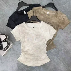 2024 Summer Retro Embroidered Round Neck Tie Dyed Short Sleeve T-shirt Summer Fashion Slimming Design Sense Slim Fit Tee Women