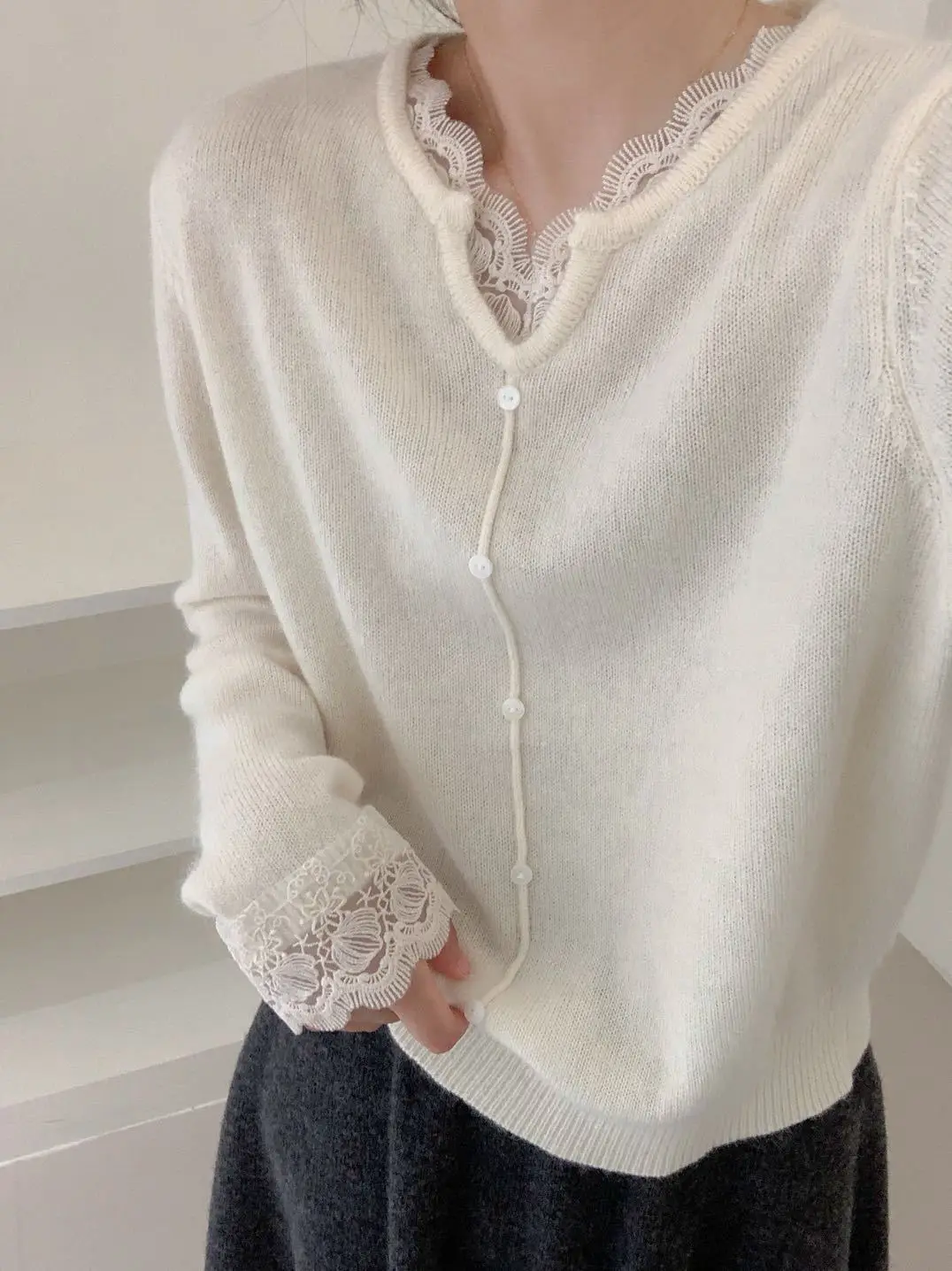 Jersey de lana con cuello en V de estilo coreano y puños de encaje, hecho de lana y lana de alpaca, suéter de punto