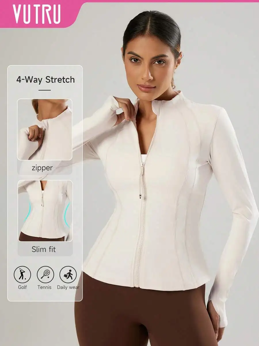

Women's Fitted Stand Collar Athletic Jacket With Thumb Holes, White Spring Slim Casual Sportswear Outerwear
