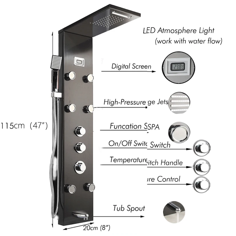 JIENI Black Digital Display Bathroom Shower Column Nickel Brushed Hand Shower Tub Massage Spa Jets Bath LED Shower Panel Faucet