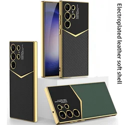 Electroplated Skin Leather Hard Shell Phone Case For Samsung Galaxy S25 S24 Plus S23 Ultra Shockproof Case