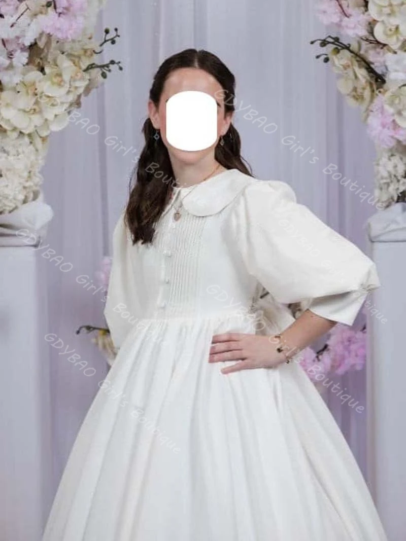 

White Wedding Flower Girl Dress Eaton Neck Balloon Sleeve Princess First Communion Dress 2-14 Kids Custom Made Vestidos de Noiva