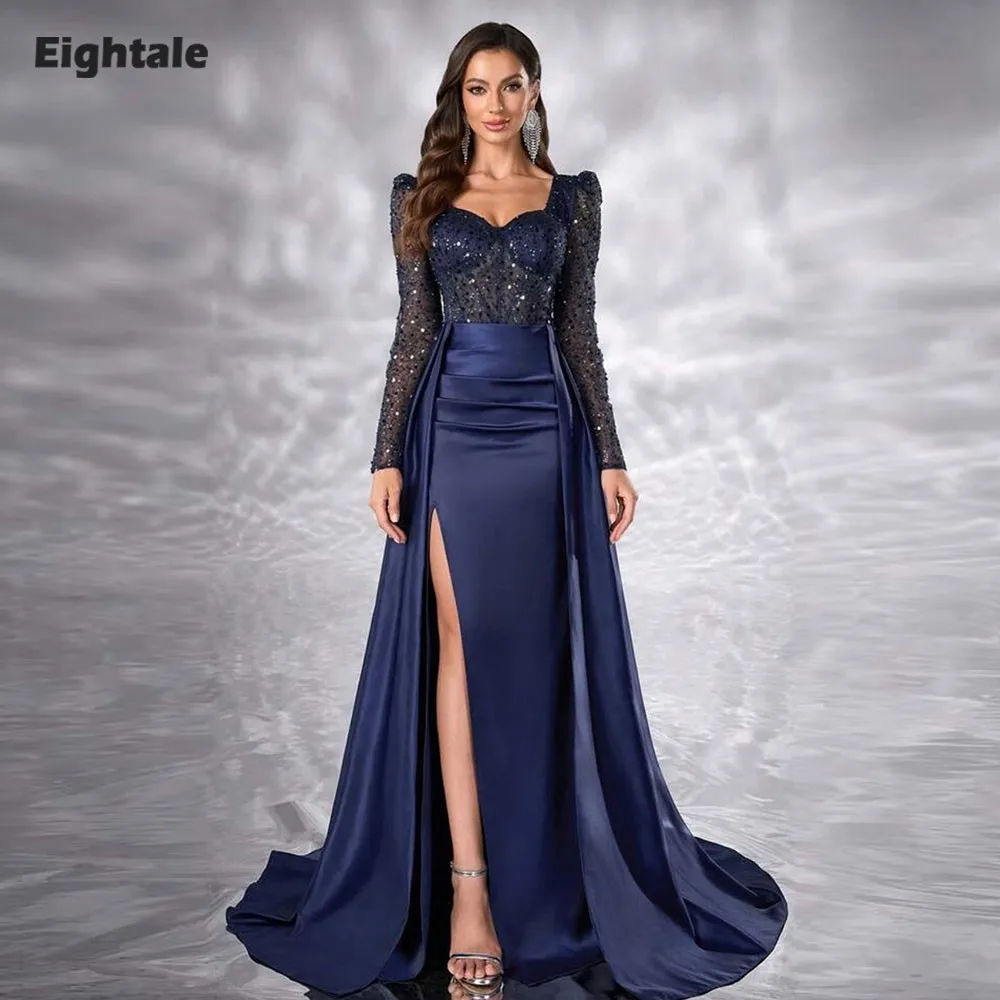 

Eightale Arabic Evening Dress Sweetheart Customized Prom Satin Sequin Navy Blue Long Sleeves Wedding Party Gown Vestidos De Gala