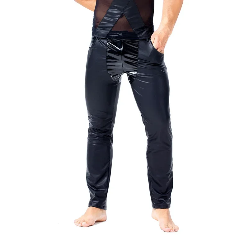 Сексуальный Mannelijke Splice Leren Broek Fad Strakke Lakleren Outfit Herenkleding Искусственная кожа Punk Broek Elastische Strakke Broek