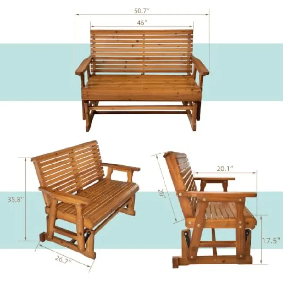 Wooden Patio Glider with High Roll Back and Deep Contoured Seat, Solid Fir Wood, 2-Seater, Heavy Duty 800 LBS, 4 Ft
