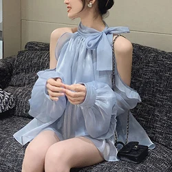 2023 Spring Summer Long sleeve Chiffon shirt Sexy Off the shoulder Tops Sweet Loose Solid Ruffles Women Blouse