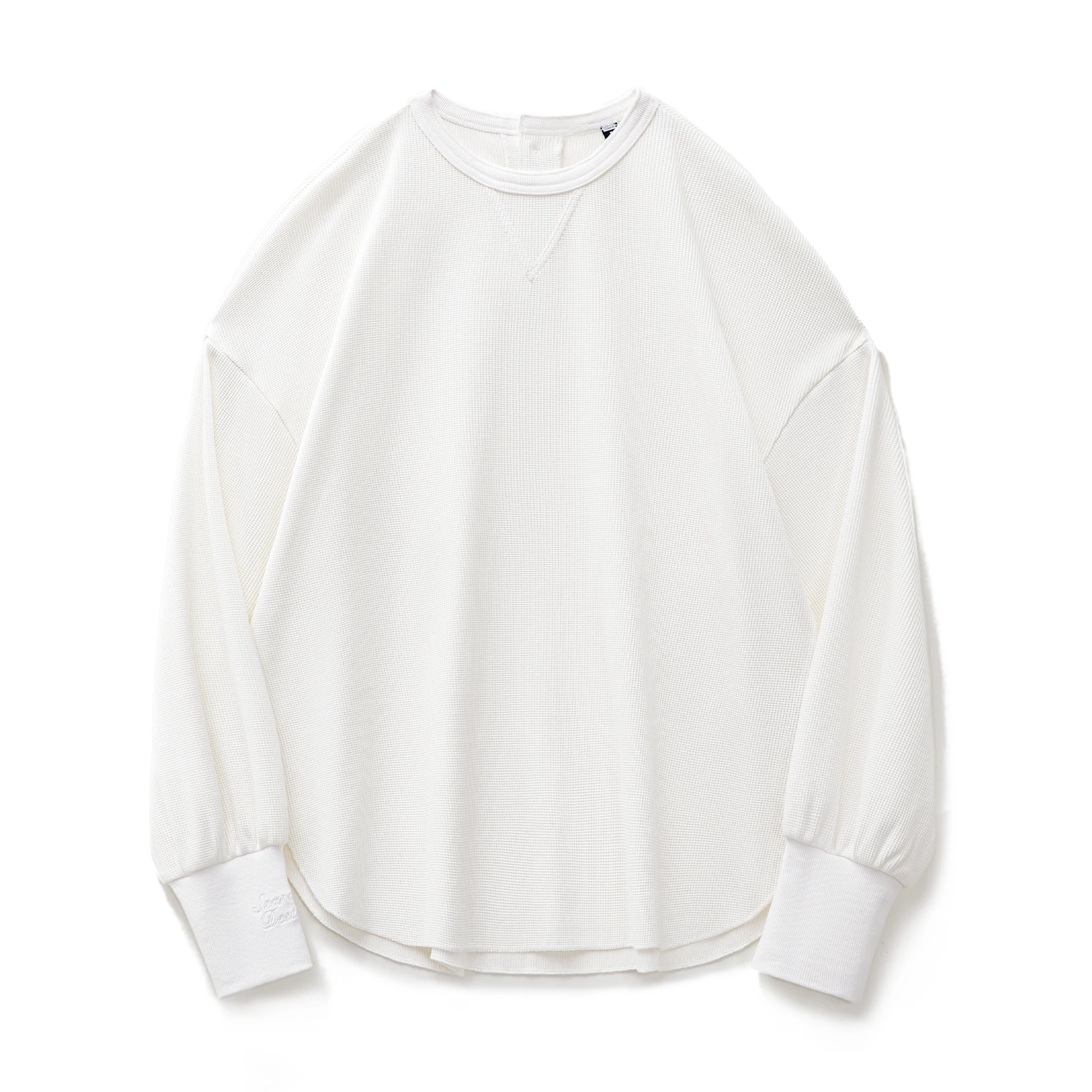 マデンホワイトワッフルニット生地トレーナー女性秋ルーズフィットラウンドネック長袖ヘンリー Tシャツトップ
