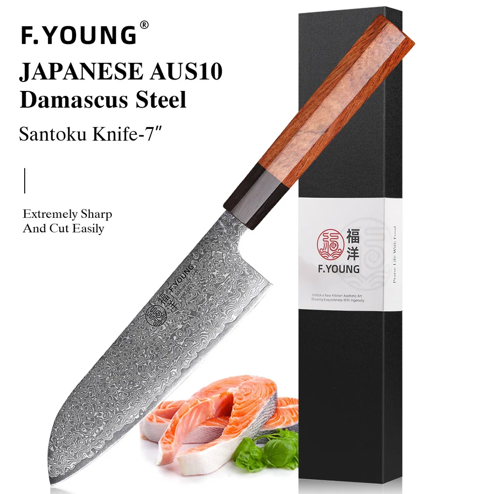 F.YOUNG 7" Santoku Knife Damascus Steel Professional Chef Knife Kitchen Meat Vegetable Cleaver Japanese Handmade Cooking Tools