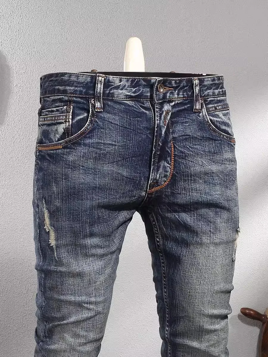 Fashion Designer Men Jeans High Quality Retro Washed Blue Elastic Slim Fit Ripped Jeans Men Vintage Casual Denim Pants Hombre