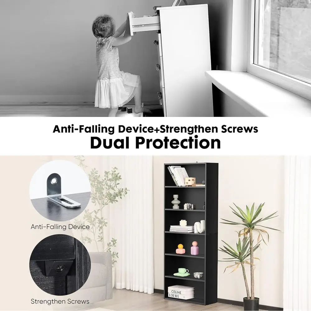 6段本棚、高さ63インチ、転倒防止、家庭/オフィス用オープンシェルフ、ブラック