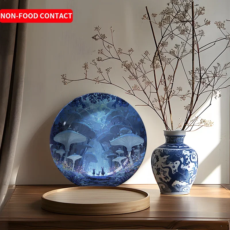 Fantasy Forest Mushroom Walking Ceramic Decorative Plate, Non-Food Contact Home Ornament, Artistic Plate for Living Room Table