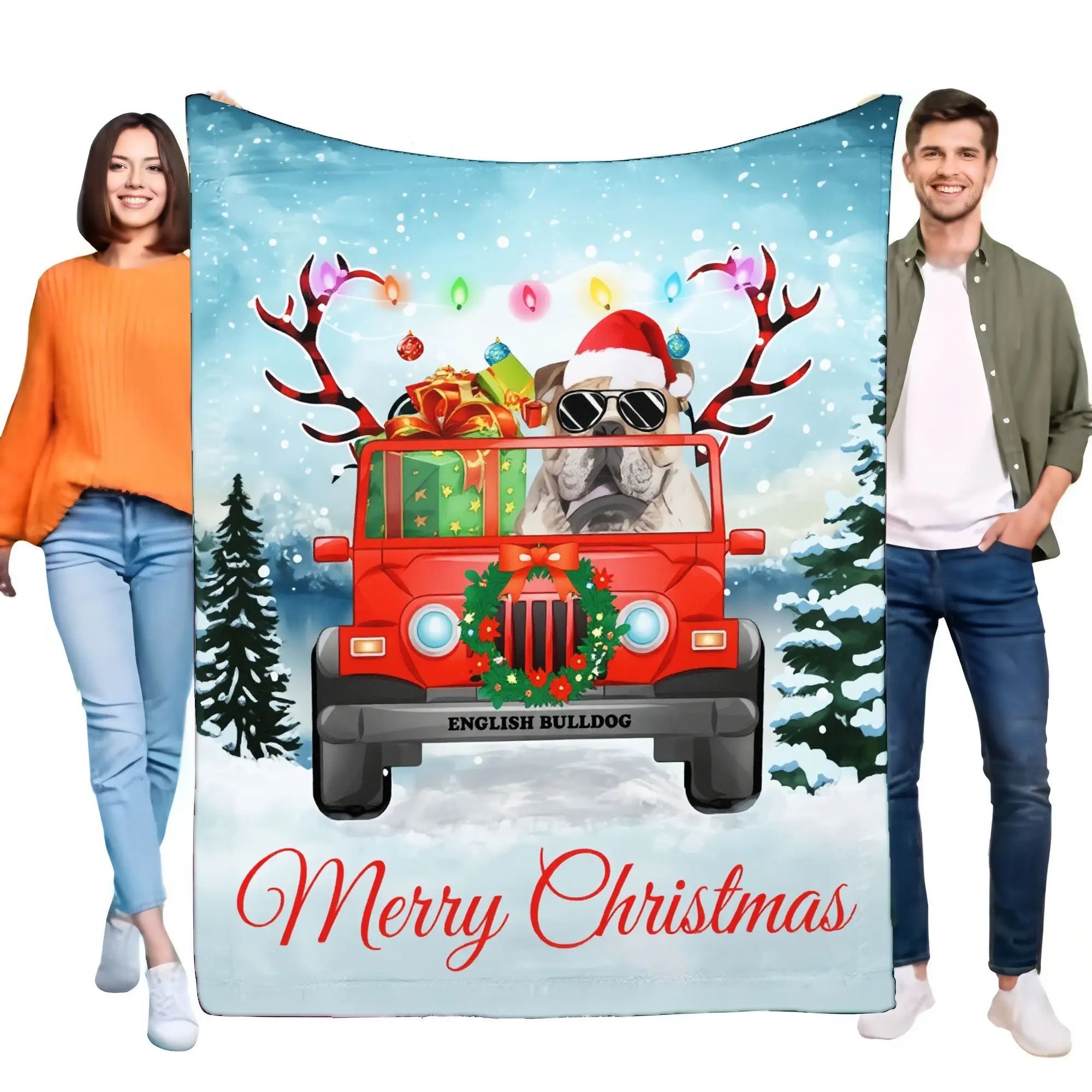 Merry Christmas Bulldog Blanket Warm Cozy Soft Throw for Home Decor Great Gift for Dog Lovers Holiday Season Fleece Blanket Perf