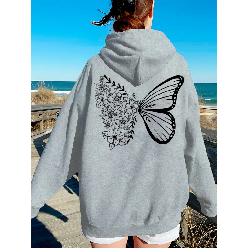 Ladies' casual hoodie with complex butterfly and floral design printed fashionable long sleeved sweatshirt