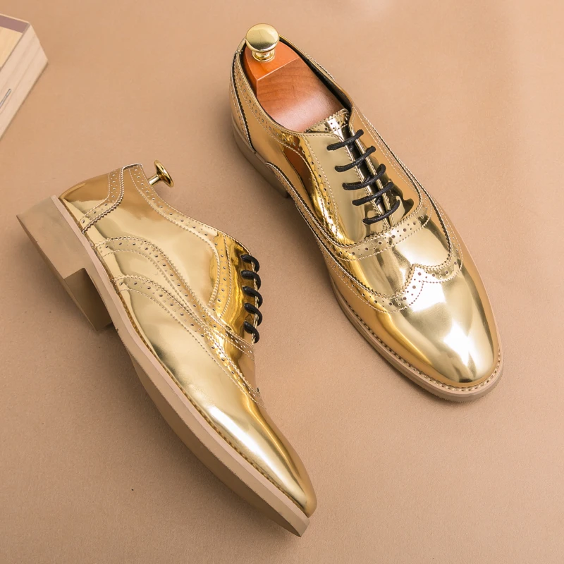 

Golden Bright Leather Shoes Man Luxury Shoes Size 38-46 Pointed Toe Flat Men's Brogue Shoes Comfortable Elegant Mens Dress Shoes