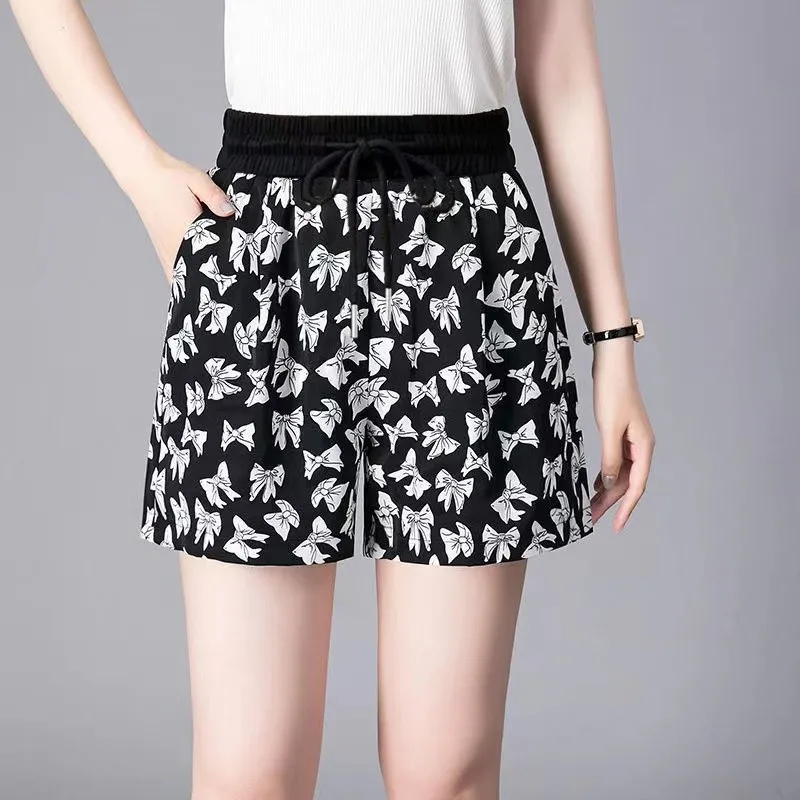 

Elastic Waist Butterfly Printing 2024 Summer Ice Shreds Women Loose Large Size High Waisted Wide Legs Casual Affordable Shorts