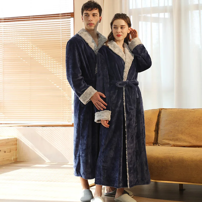 Women Extra Long Thermal Flannel Fur Bathrobe Plus Size Winter Warm Pregnant Bath Robe Zipper Hooded Dressing Gown Men Sleepwear