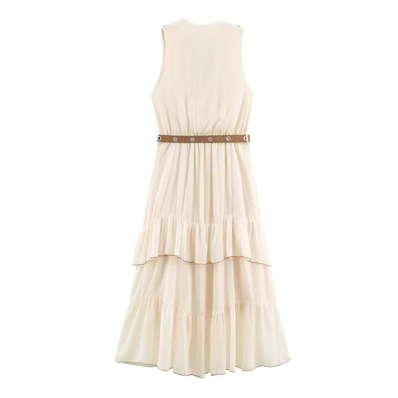 Early Autumn New Arrival Women's Dress V-neck Belted Multi-layered Sleeveless City Commute Casual Style 2026 Summer Collection