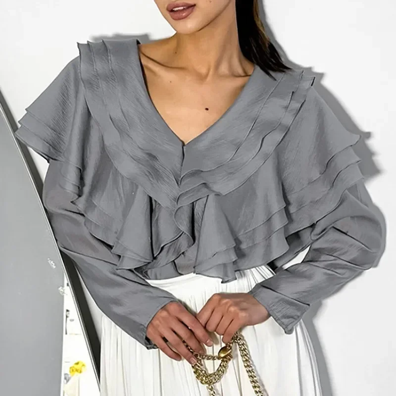 

Prowow Women Blouses High Quality Silk Solid Female Tops Clothes Long Sleeve Rulle V-neck Office Lady Outfits Backless Lace Up