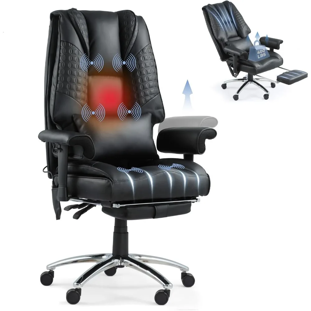 

Big and Tall Office Chair with 6 Point Massage & Heating, Reclining Office Chair with Footrest-Black