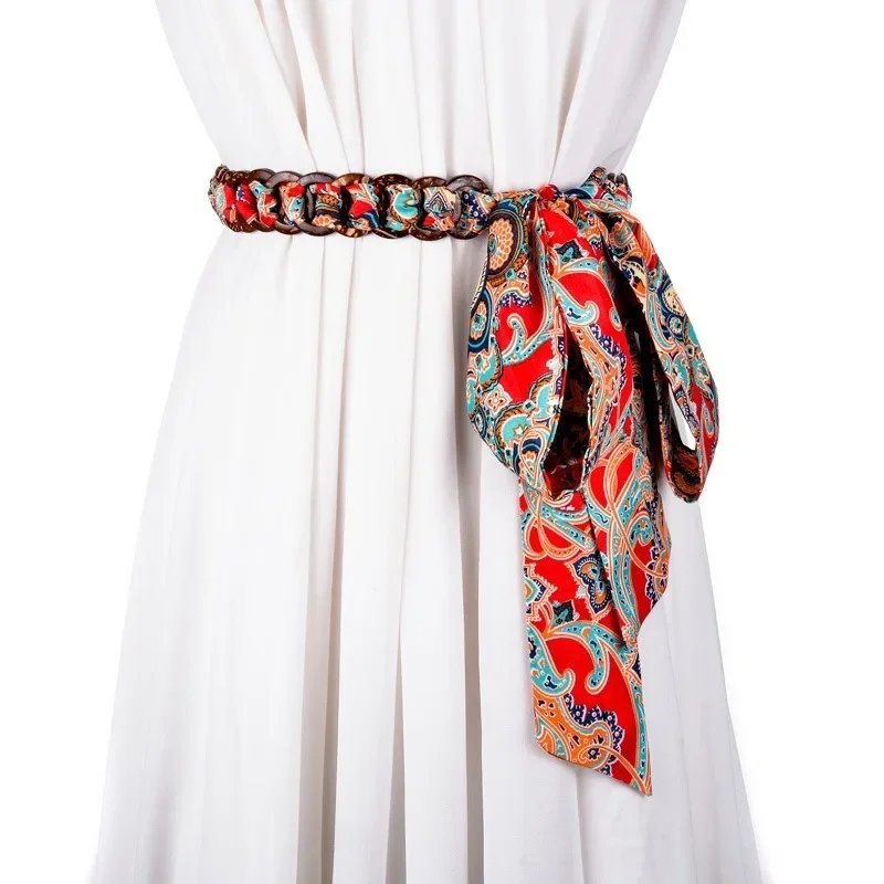 Cinturón de estilo nacional para mujer, vestido decorativo de seda anudado, pantalones de concha de coco salvaje, cinta de flores estampadas, largo,