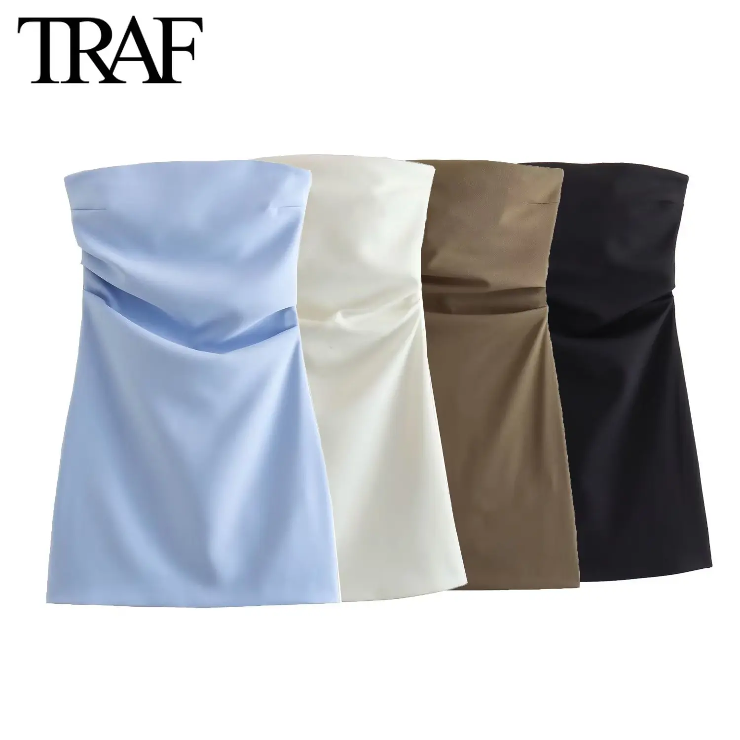 TRAF Women Fashion Sexy Back Zipper Solid Color Pleats Strapless Mini Dress Chic Female Sleeveless Evening Dresses Mujer