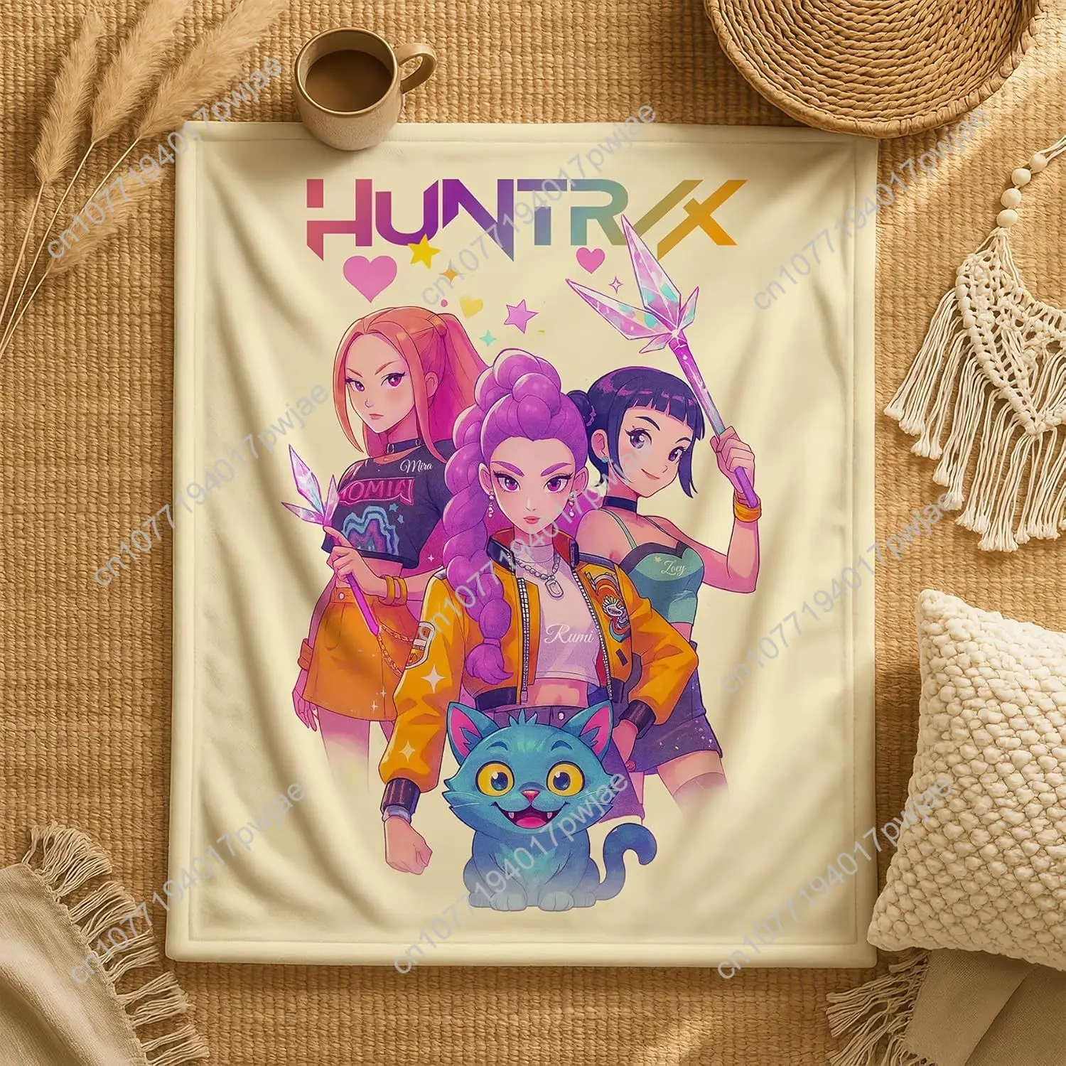 ผ้าห่มลายภาพยนตร์ Demon Pop Hunters ผ้าฟลีซลายกราฟิกจากภาพยนตร์แฟนตาซีเกาหลี แรงบันดาลใจจากไอดอลเพลงป๊อปเกาหลี ผ้าห่มสั่งทำพิเศษ