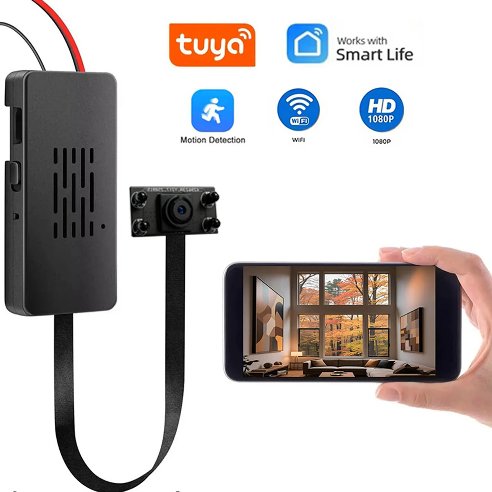 

Tuya Full HD mini WiFi camera, supporting remote viewing, motion detection, DIY home nanny style camera