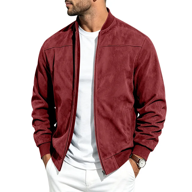 Men's Autumn and Winter Casual Plus Size Suede Zipper Stand-Up Collar Long-Sleeved Jacket