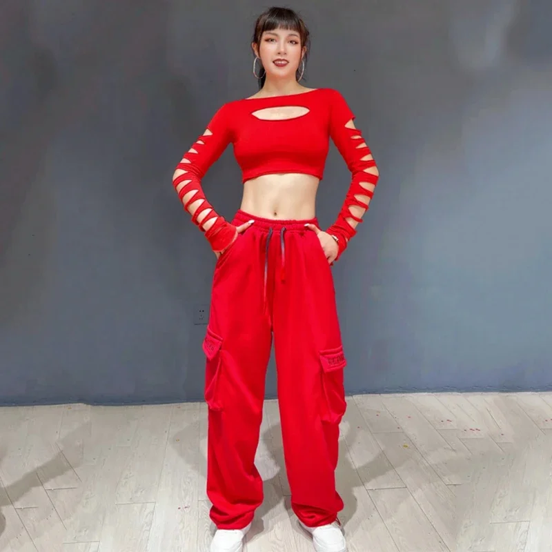 Traje de dança de hip hop feminino recorte vermelho superior calças de carga senhoras roupas de dança jazz palco rave outfit rua dancewear xs6504
