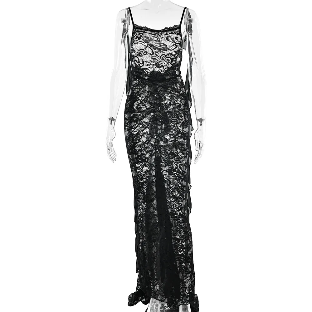 Sexy Lace See tough Long Dr with Sa Bal Strap Design European Sle High Waist Tee Acetate Fiber Skirt FDL34