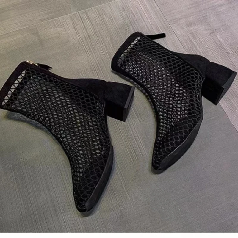 2024 New Air Mesh Net Bling Women Shoes Summer Ankle Boots Thin High Heels Sexy Sandal Chelsea Boots Female