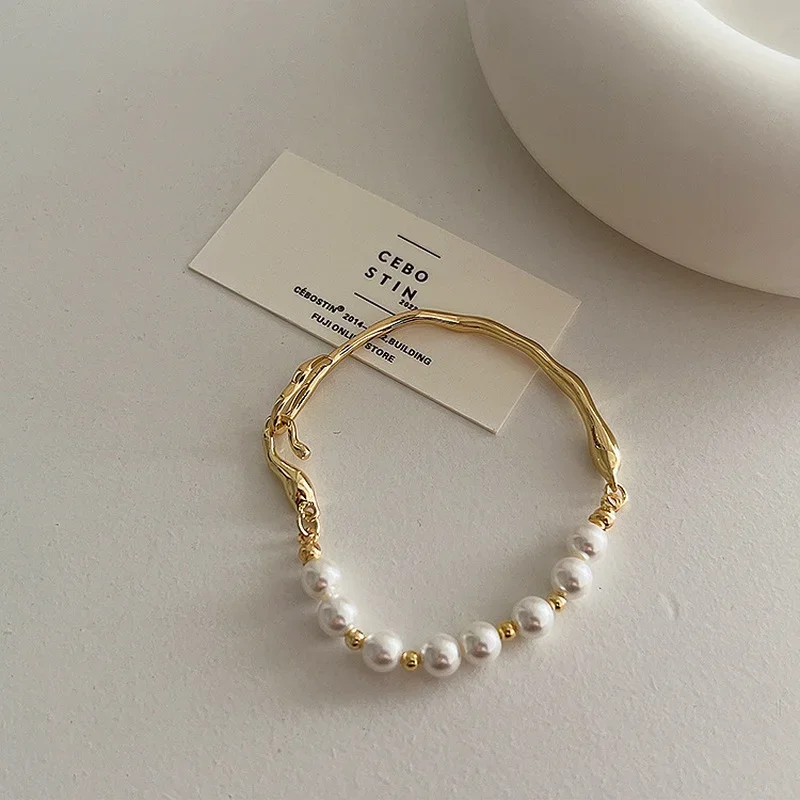 Minar Minimalist Round Simulated Pearl Beaded Bracelet Gold Silver Color Beads Charm Bracelets for Women Girls Birthday Gift